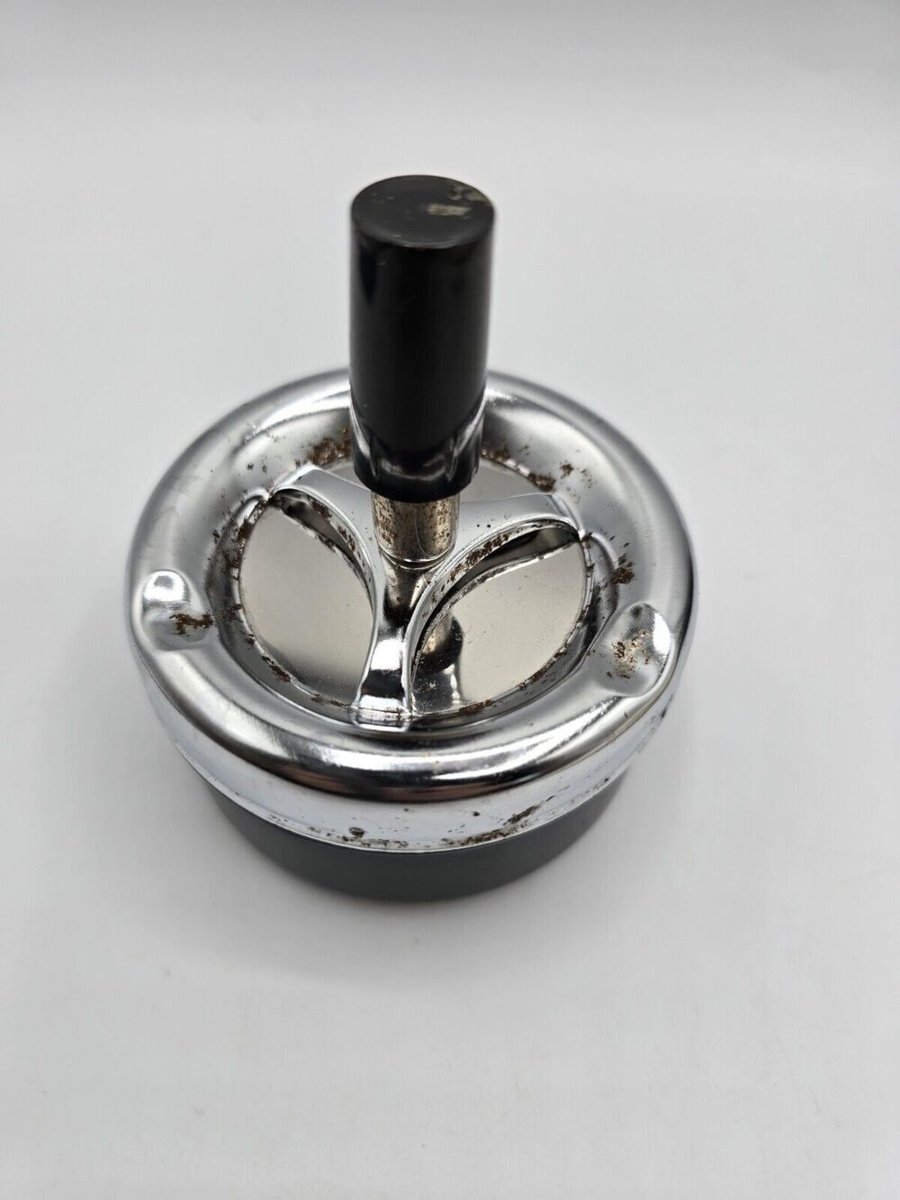 5.1" Round Push Down Ashtray With Spinning Tray BLACK & SILVER STAINLESS STEEL